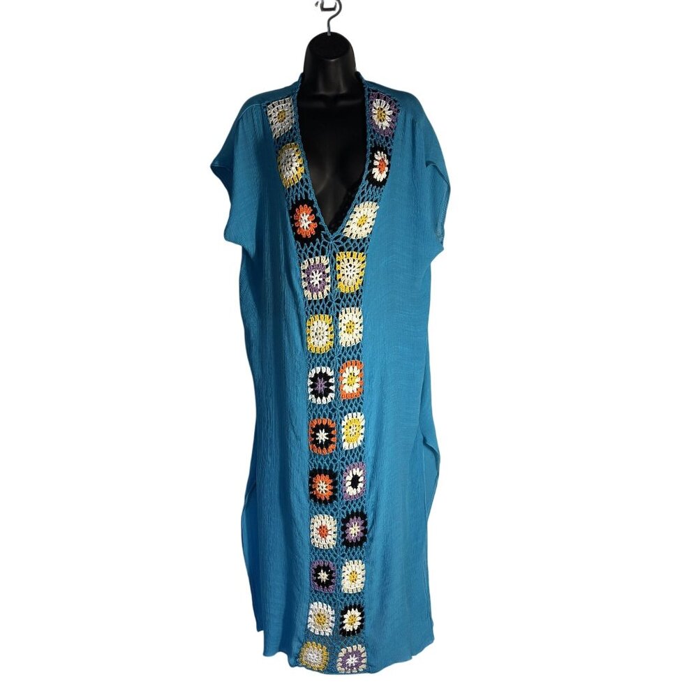 Crochet-Accented Teal Blue Kaftan Dress & White Beaded Bamboo Handbag Set - Picture 6 of 12